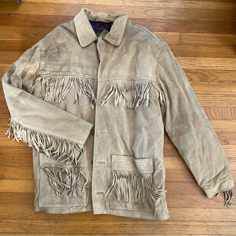 Real Leather Suede Southwestern Western Tassel FringeJacket: Natural Tan - Large